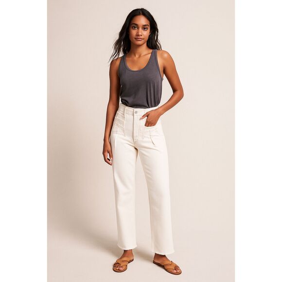 Free People We The Free High Rise Straight Leg Jeans 28 Cream White Frayed Hem - Picture 1 of 8